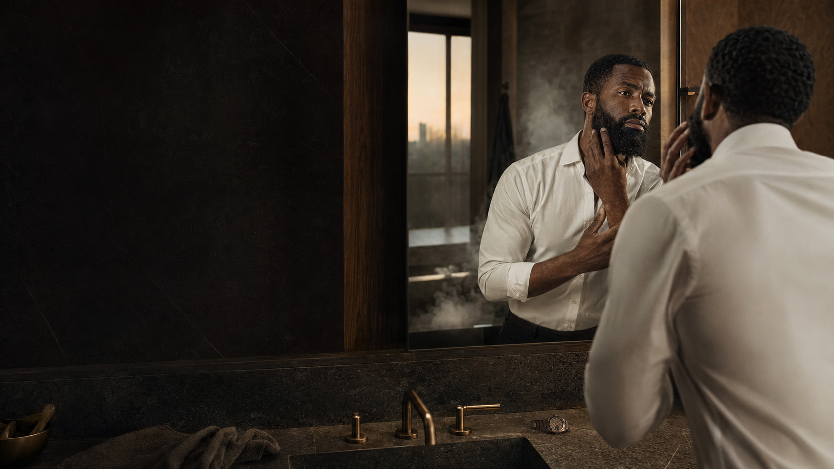 A distinguished man caring for his beard in the mirror